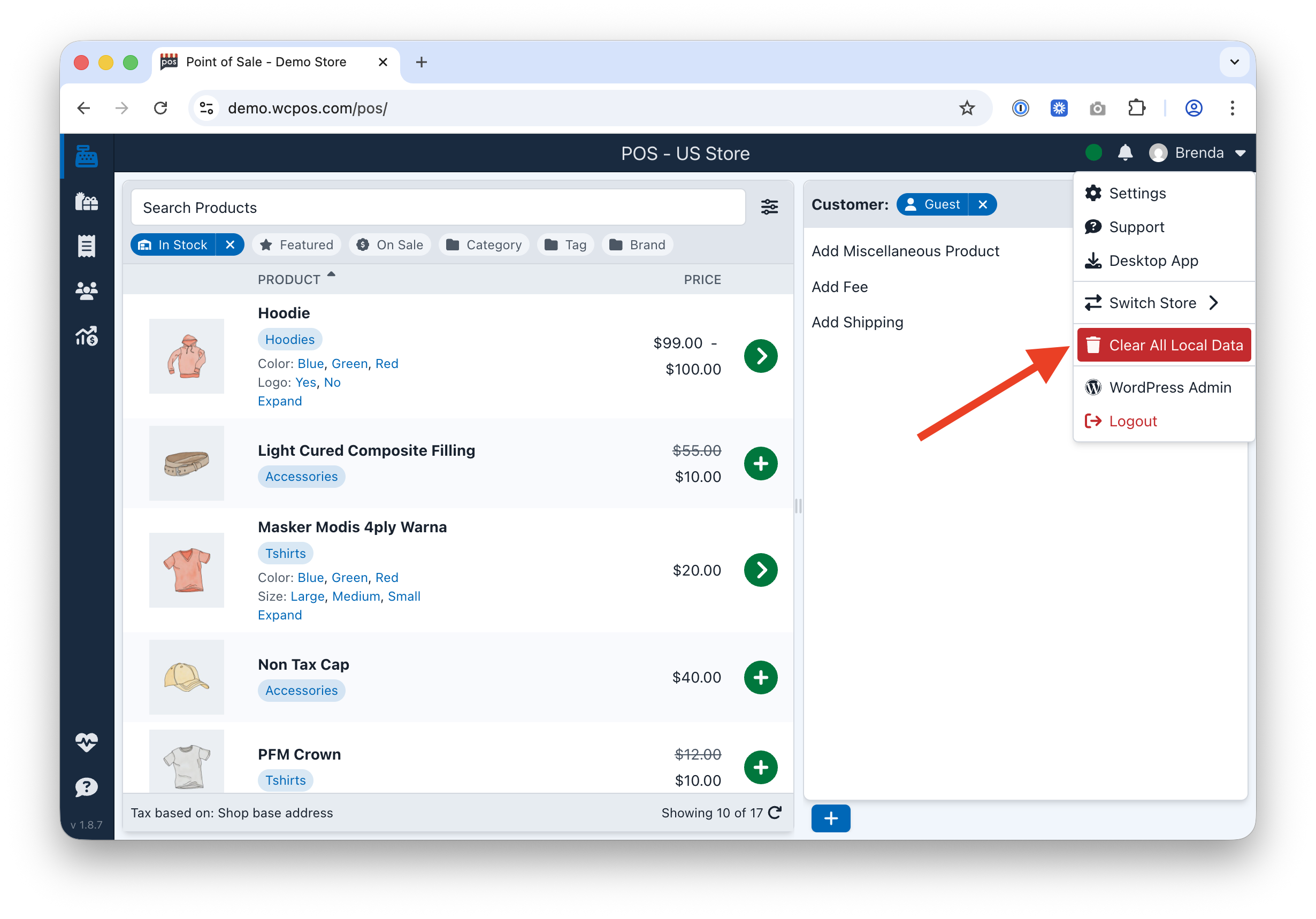 Bouton Effacer toutes les données locales dans le menu utilisateur de l'application web WCPOS