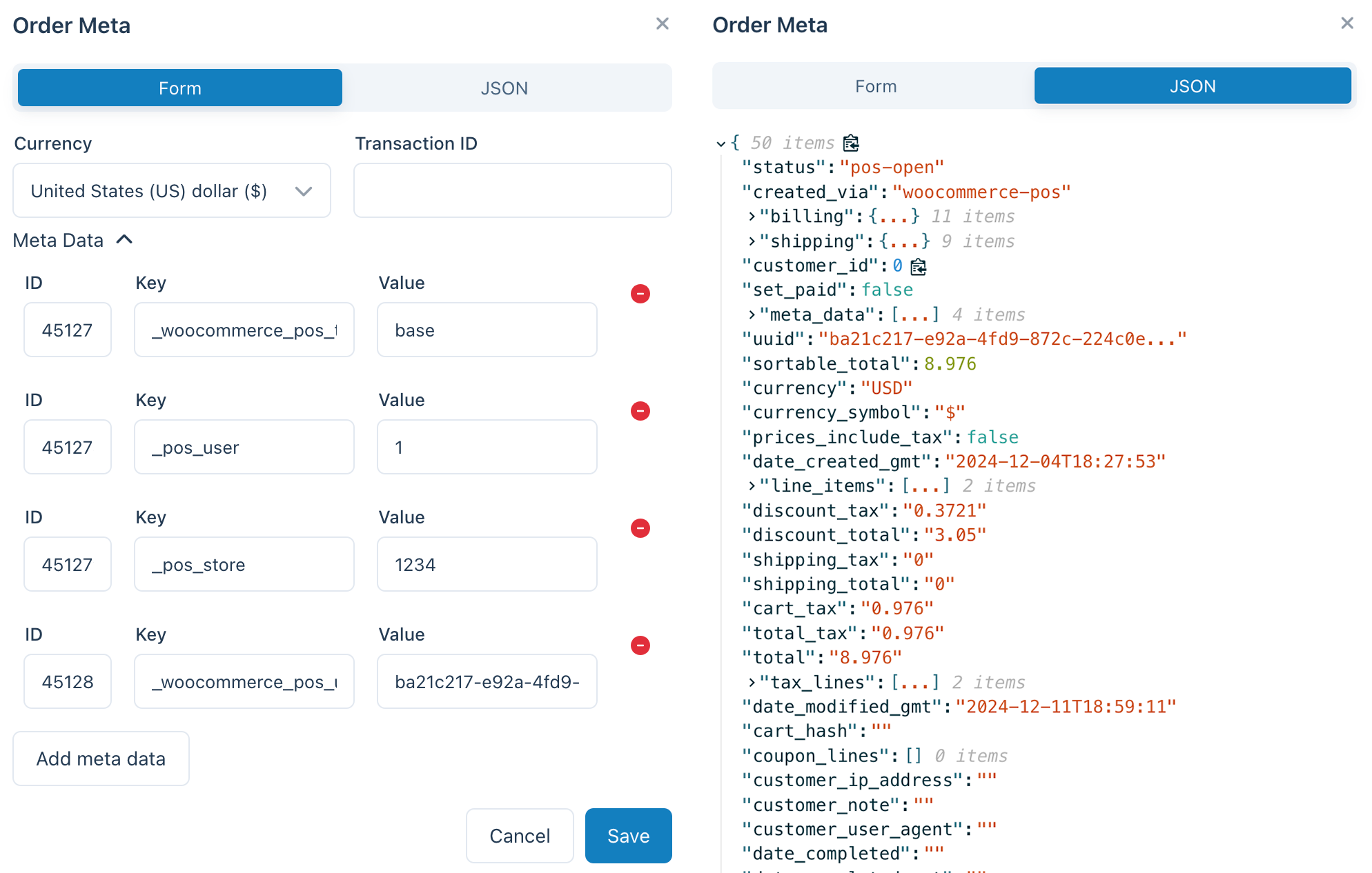 Métadonnées de commande et vue JSON dans le POS